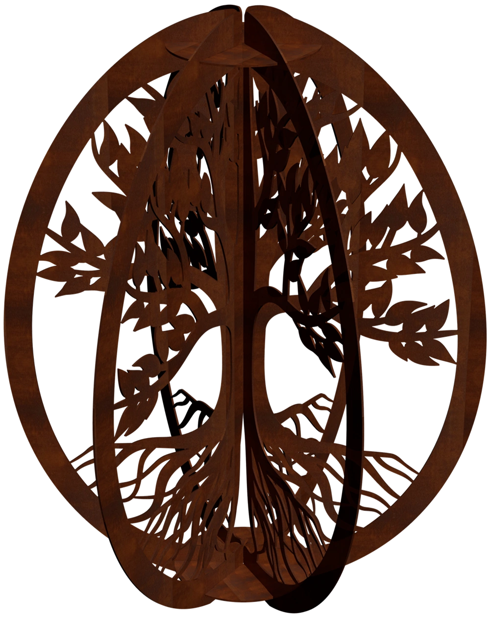 Tree of Life sculptuur in cortenstaal, gefotografeerd onder een lichte hoek met warm patina